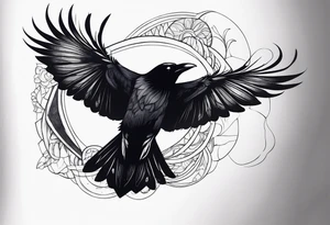 Raven in flight, upsidedown, knowing, light behind its eyes, ethereal tattoo idea