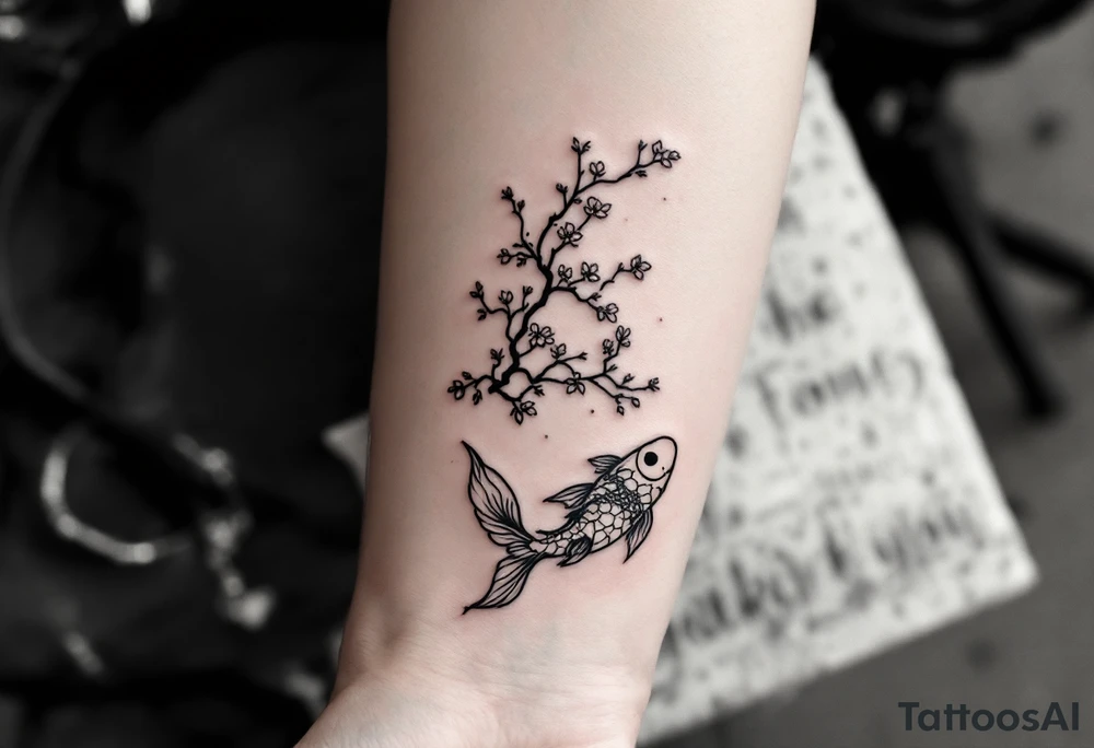 sakura tree, a moon, a koi fish with line work tattoo idea