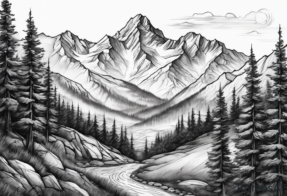 Mountains valley trees tattoo idea