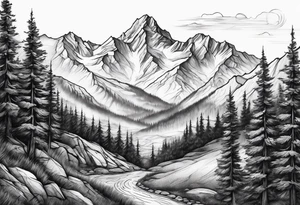 Mountains valley trees tattoo idea