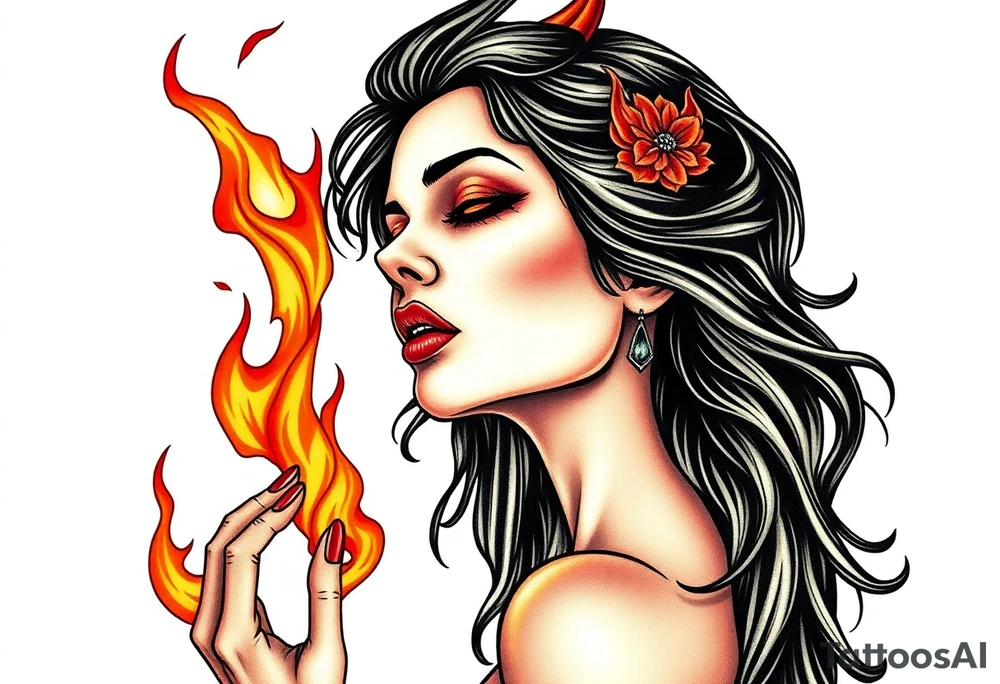 Evil young woman in the flame tattoo idea