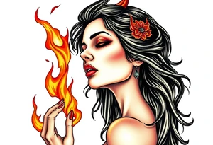 Evil young woman in the flame tattoo idea