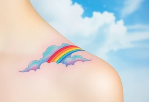 A vibrant rainbow stretching across a cloudy sky, with soft pastel gradients, symbolizing hope after a storm tattoo idea