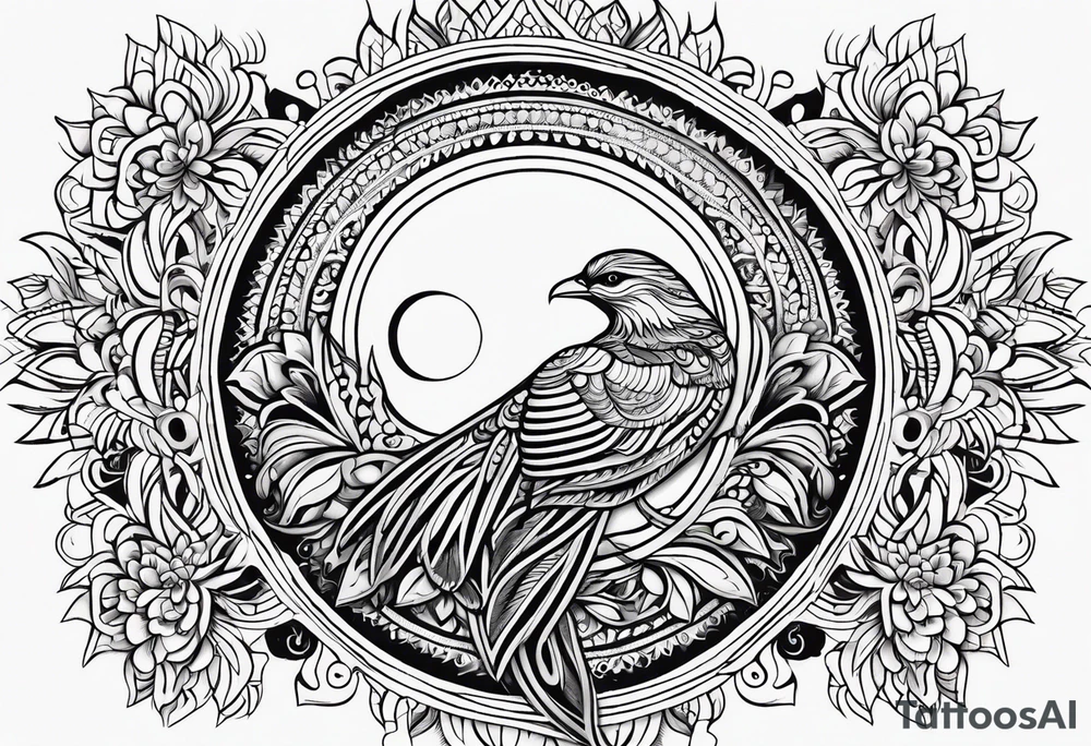 Tribal bohemian feminine impowering Phoenix rising with smoke, fire, mandala sun, floral, lace background, solar eclipse tattoo idea