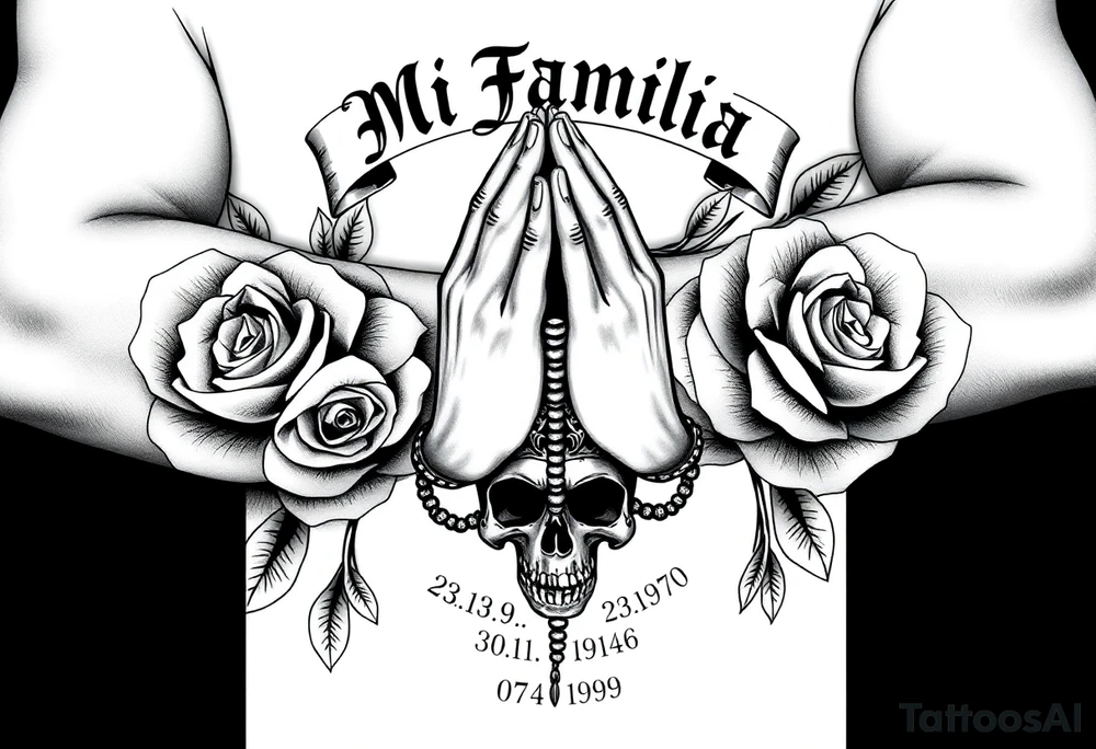 Black and grey gang style tattoo design. Centered praying hands with a rosary, surrounded by three realistic roses. Above the hands, gothic text saying 'Mi Familia'. Below each rose, a date in this order: '23.06.1980', '30.12.1946', '07.04.1979'. Add a crowned skull subtly in the background, symbolizing loyalty after death. Chicano tattoo style, fine shading, no color tattoo idea