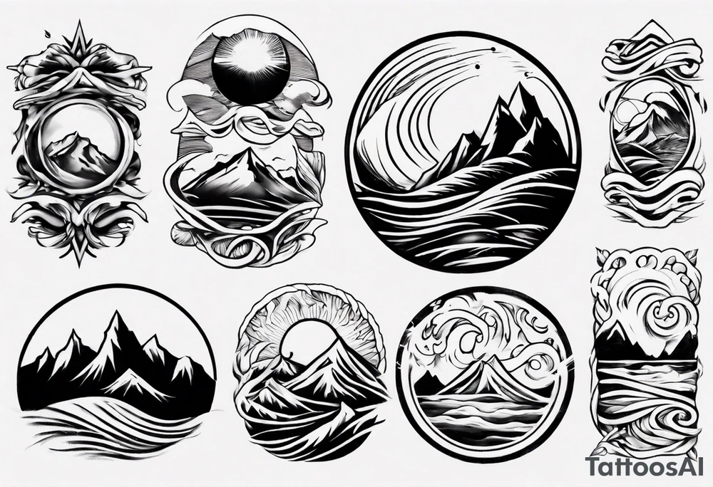 sleeve, mountains, waves, sun tattoo idea