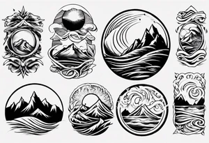 sleeve, mountains, waves, sun tattoo idea