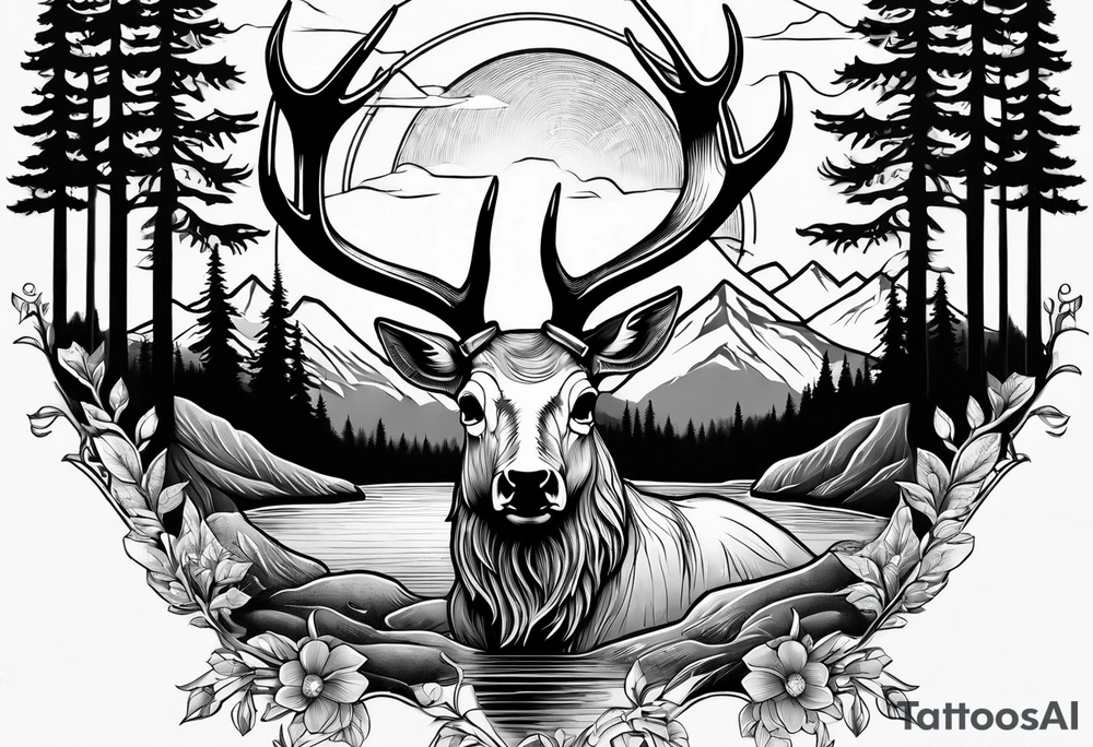 elk skull with mountains and trees
with a stream and birds overhead tattoo idea