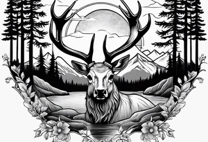 elk skull with mountains and trees
with a stream and birds overhead tattoo idea