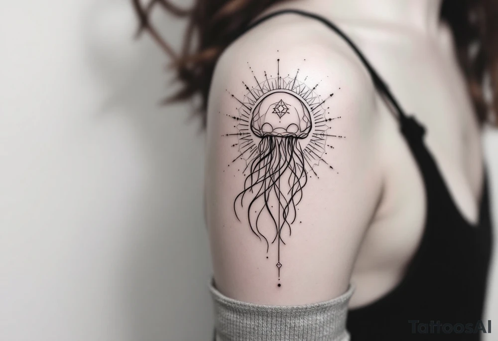 minimal fine-line tattoo, single jellyfish, sacred geometry surround, dotwork patterns, jellyfish bell dome, flowing tentacles, trailing streamers, geometric mandala, radiating dotwork, minimalist design, black grey lines, soft shading, no outlines, geometric frame, organic jellyfish form, upper arm shoulder placement, light airy feel, delicate linework, geometric backdrop, clean lines, radiating patterns, simple jellyfish centerpiece, minimalist, psychedelic, not symmetrical tattoo idea