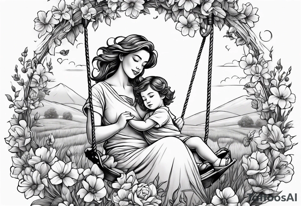 Mom with son and daughter on a swing in the distance in a field of flowers tattoo idea