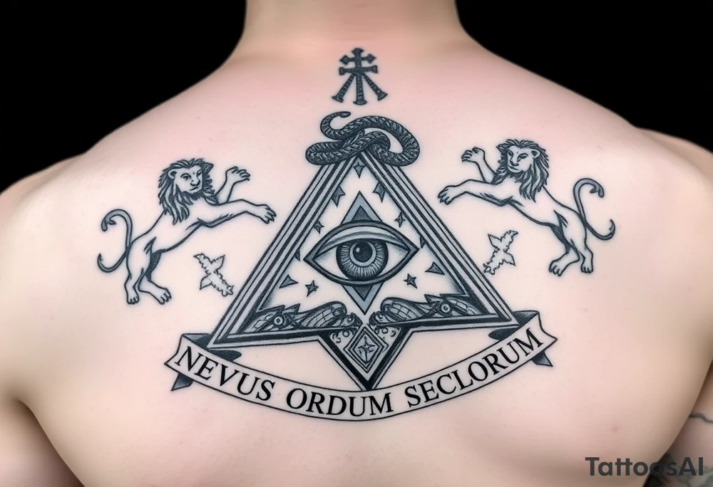 Pyramid with eye in the center, diamond with snake on the top,lions on corners,surrounded by words - novus ordum seclorum tattoo idea