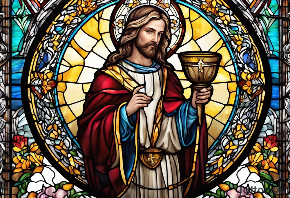 holy saint stained glass holding a chalice tattoo idea