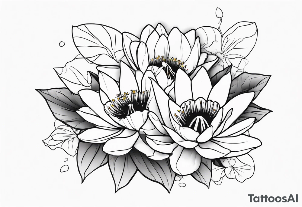 waterlily and morning glory boquet tattoo idea