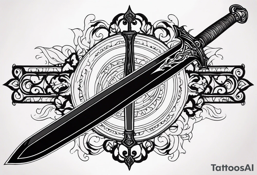 Sketch of a sword in gothic style with added creepy elements and the inscription “get rich” tattoo idea