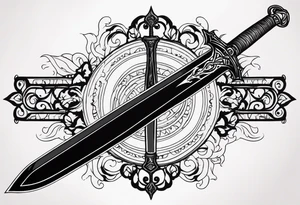 Sketch of a sword in gothic style with added creepy elements and the inscription “get rich” tattoo idea