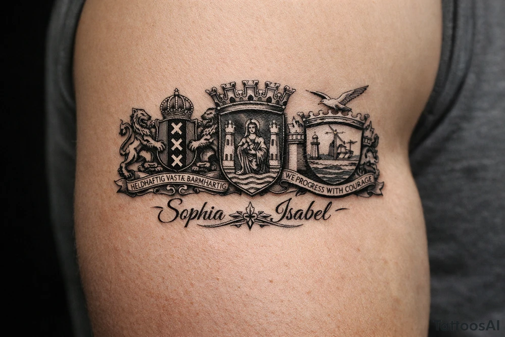 Crests of Amsterdam and Braga and New Brighton. My daughters names Sophia and Isabel. tattoo idea