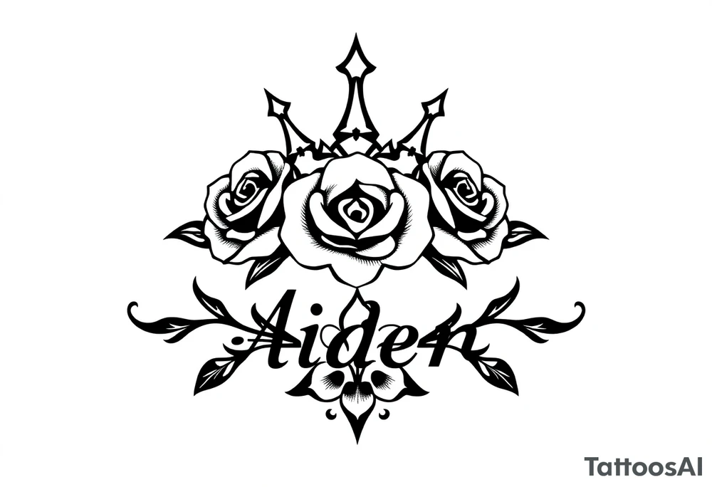 Small size Kings crown roses above the name Aiden tattoo idea