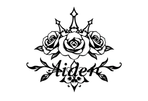 Small size Kings crown roses above the name Aiden tattoo idea