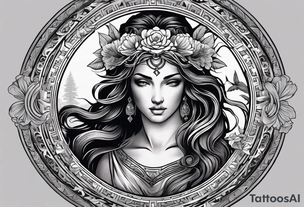 A full tattoo sleeve inspired by Greek mythology, featuring a dark and moody aesthetic with extensive shading. The centerpiece of the sleeve is the Greek goddess Aphrodite, depicted with classical beauty and grace, surrounded by intricate details that emphasize her divine nature. Her flowing hair and robes blend seamlessly into the surrounding elements. Incorporate a mandala effect around Aphrodite, with the mandala patterns subtly woven into the design, adding layers of complexity and depth. The overall theme should be dark, with heavy shading to create a dramatic contrast, evoking a sense of ancient mystery and reverence. The sleeve should also include other mythological elements such as laurel wreaths, classical columns, or ocean waves, to complement Aphrodite’s story and enrich the overall design. tattoo idea