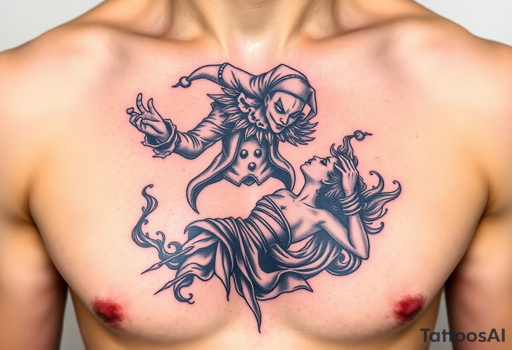 jester hovering over woman in smoke tattoo idea