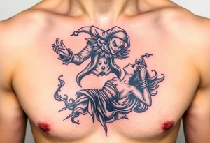 jester hovering over woman in smoke tattoo idea