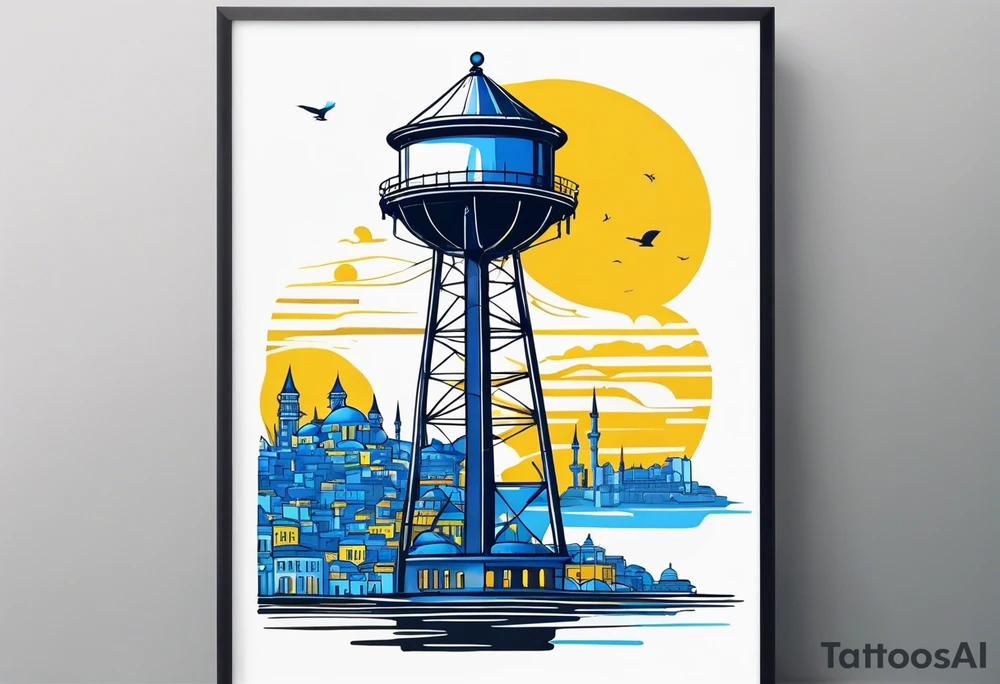 istanbul water tower with yellow blue details tattoo idea
