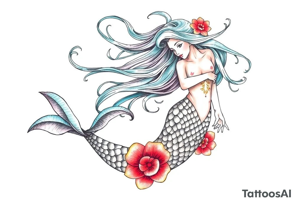 mermaid with flowing hair tattoo idea