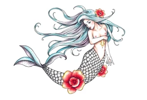 mermaid with flowing hair tattoo idea