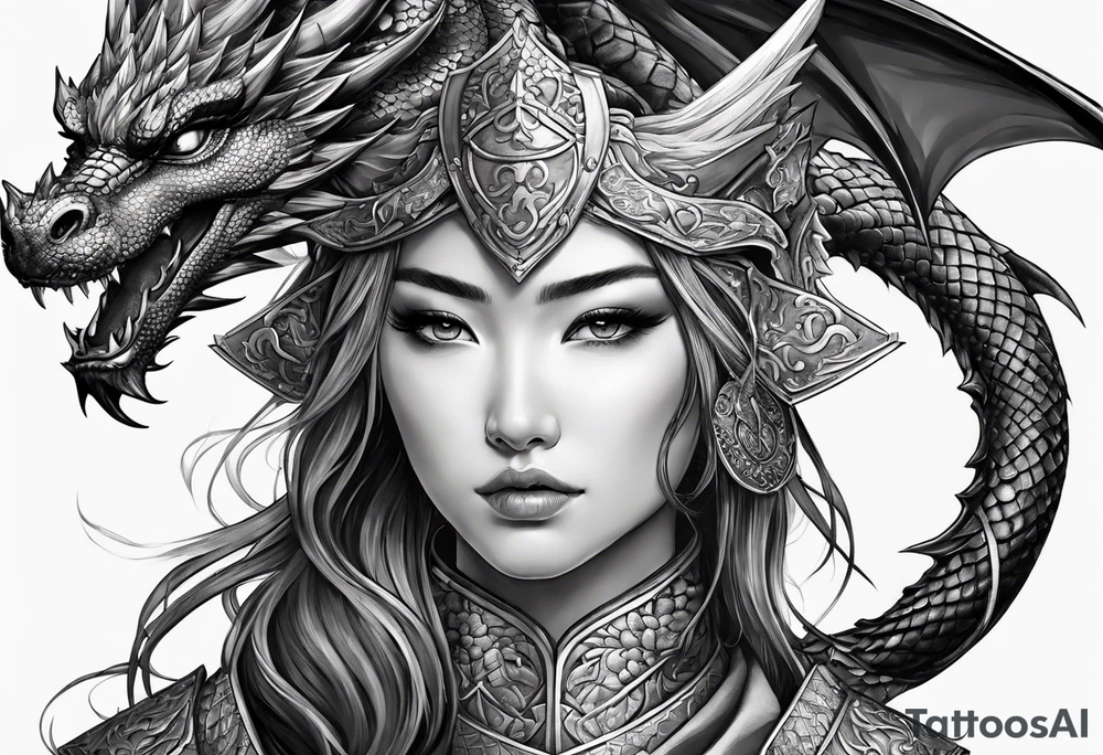 beautiful warrior woman wearing dragon armor and a dragon flying tattoo idea