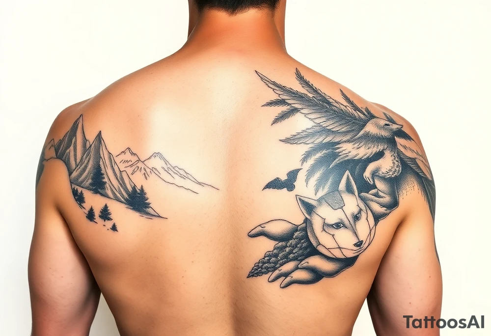 Create a scenic nature half sleeve for a man. Add lots of details including animals. tattoo idea