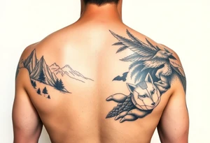 Create a scenic nature half sleeve for a man. Add lots of details including animals. tattoo idea