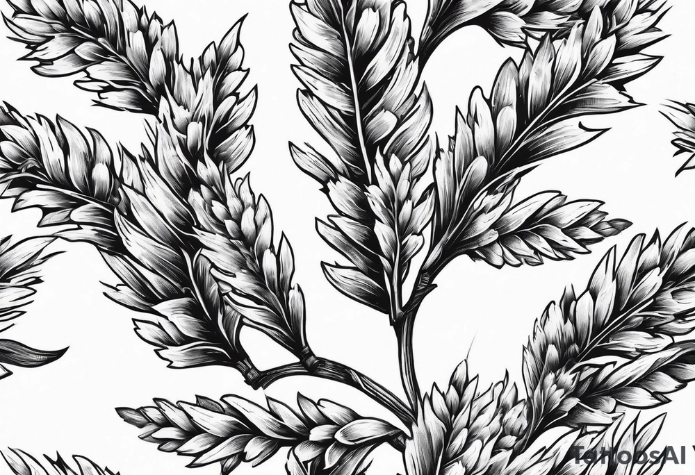 Oak tree leaves with wheat stalks wrapped in a ribbon tattoo idea