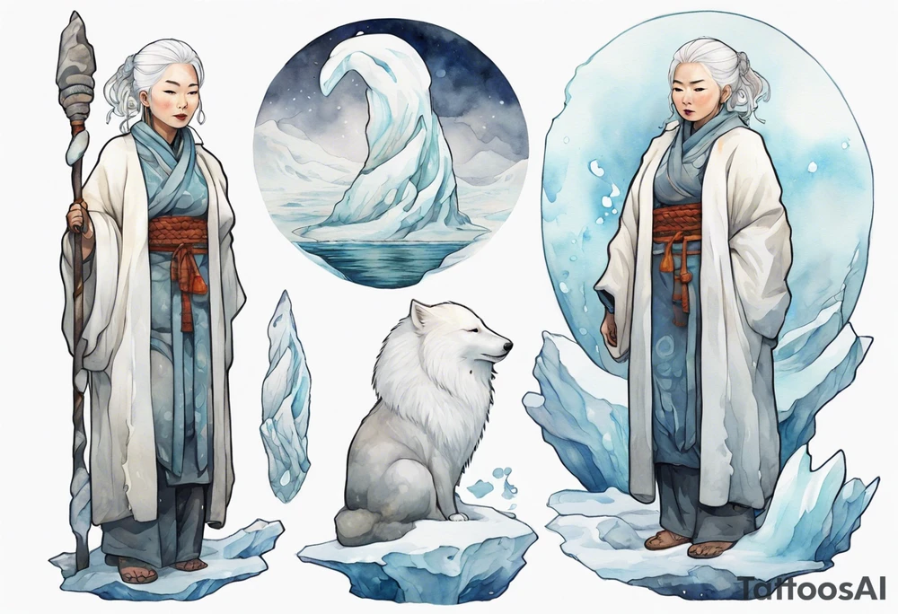a 40 year old Inuit woman with white hair and a white robe holding a white staff, standing on an iceberg tattoo idea