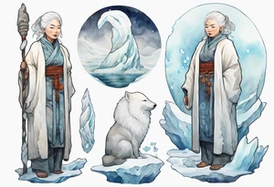 a 40 year old Inuit woman with white hair and a white robe holding a white staff, standing on an iceberg tattoo idea