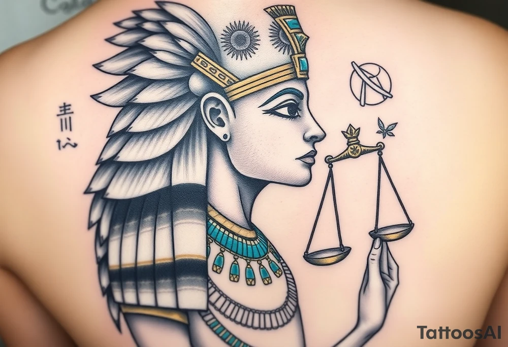 Super realistic tattoo design of the Egyptian goddess Ma’at, depicted as a serene and regal woman with an elegant ostrich feather on her head symbolizing truth and balance, wearing traditional ancient Egyptian attire with intricate gold and turquoise jewelry, holding scales of justice in one hand. The design features detailed facial features with soft natural lighting, realistic skin texture, and subtle shading to emphasize depth and dimension. Background elements include faint hieroglyphics and cosmic symbols representing order and harmony. Style: hyper-realistic, high detail, focused on symbolism and spiritual essence, suitable for upper arm or chest tattoo. tattoo idea