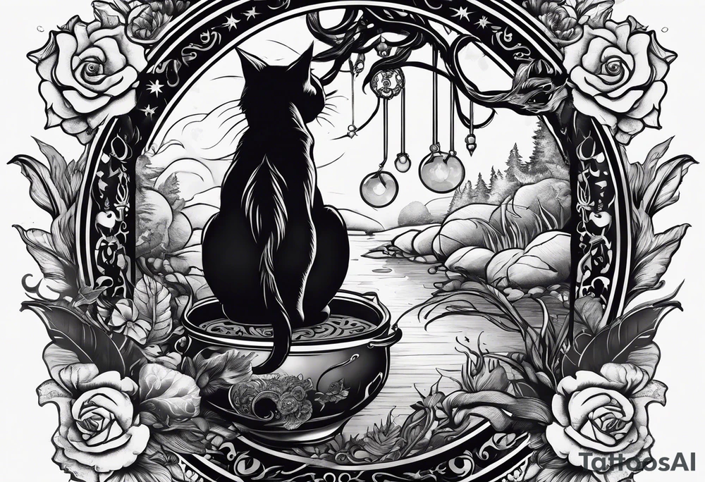 Thin witches silhouette with a beautiful witches broom a black kitty and a Siamese kitty and a tiny hippo tattoo idea