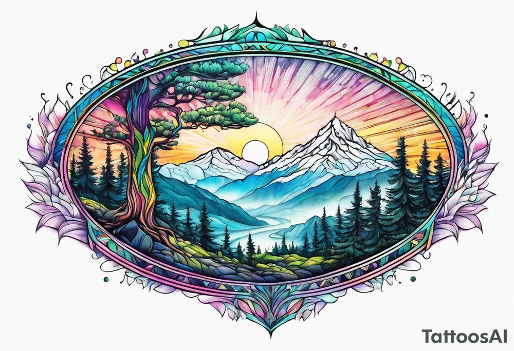 small oval shape trees mountain tattoo idea