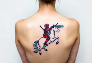 Deadpool riding unicorn pointing rocket propelled grenade launcher tattoo idea