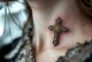 Vintage Cross with Clockwork Design – A very tiny vintage bronze cross featuring intricate clock gears in gold and rust, combining faith and time, with some soft shading in the middle of a neck. tattoo idea