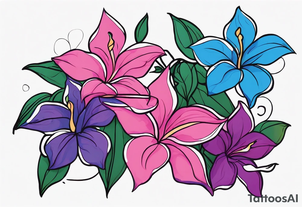 brushstroke abstract pink, purple, and blue mandevilla flowers on a vine, with color leaking out into the background. SOme of the flowers should be full color, and some just linework. It should have a handdrawn, sketch feel. tattoo idea