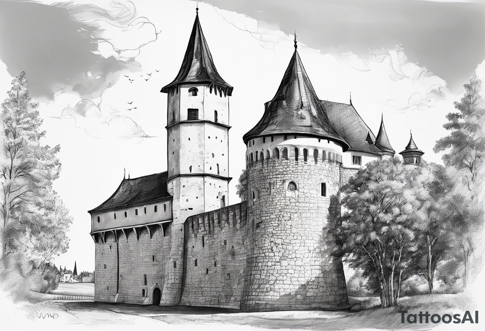picture of Varaždin tower
with the names vesna and ivo under it tattoo idea