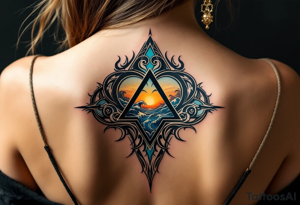 A triangle with a big heart in the center with an ocean theme tattoo idea