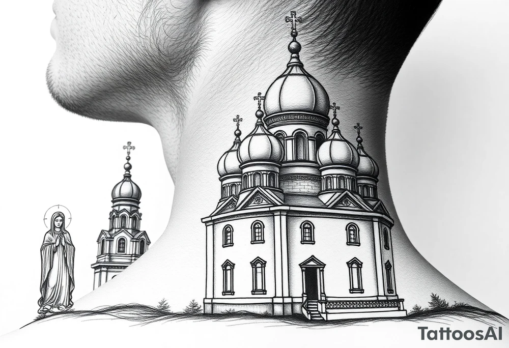 Russian orthodox church with bulb domes with a prominent russian orthodox style virgin mary stood outside to the left tattoo idea