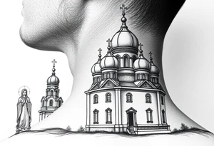 Russian orthodox church with bulb domes with a prominent russian orthodox style virgin mary stood outside to the left tattoo idea