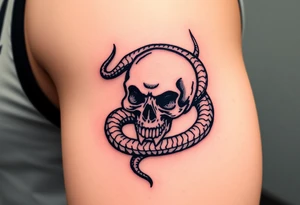 A hyper-realistic Dark Mark, with the snake slithering around the skull, coiled in a hypnotic pose tattoo idea