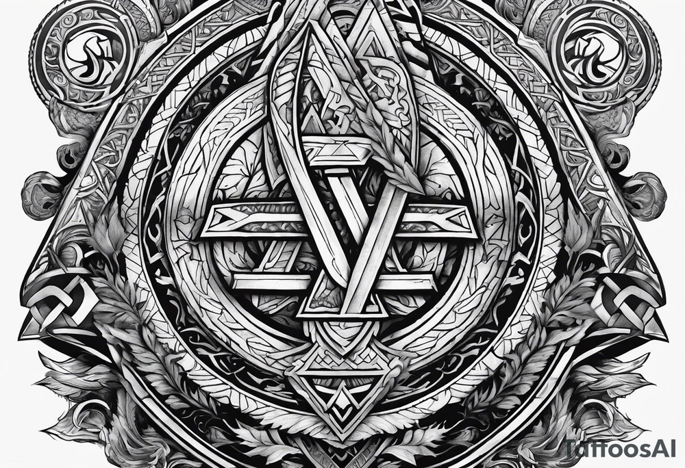 Valhalla sword shield axe Valknut tattoo idea