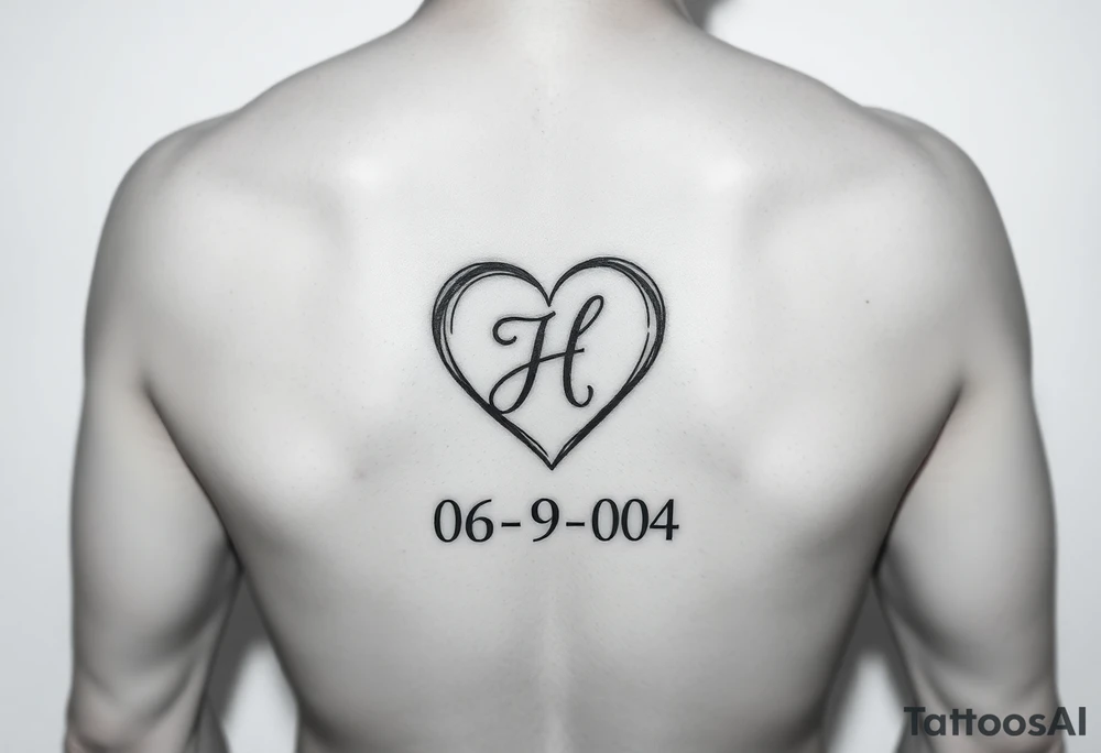 06/9/04 under the date is a heart inside the heart is a letter H in cursive on the lower back waist tattoo idea