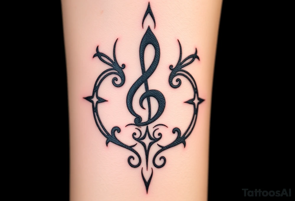 A swirl containing the Treble clef, book, dog paw, star, heart tattoo idea