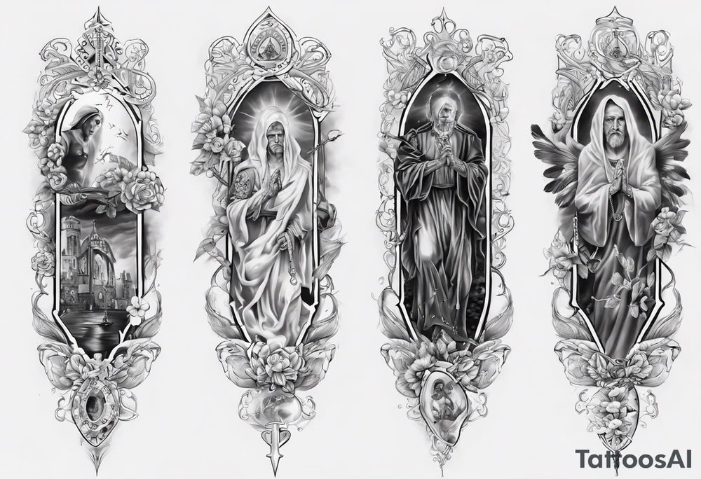 men’s arm sleeve, the name Peters, rosary, prayers tattoo idea
